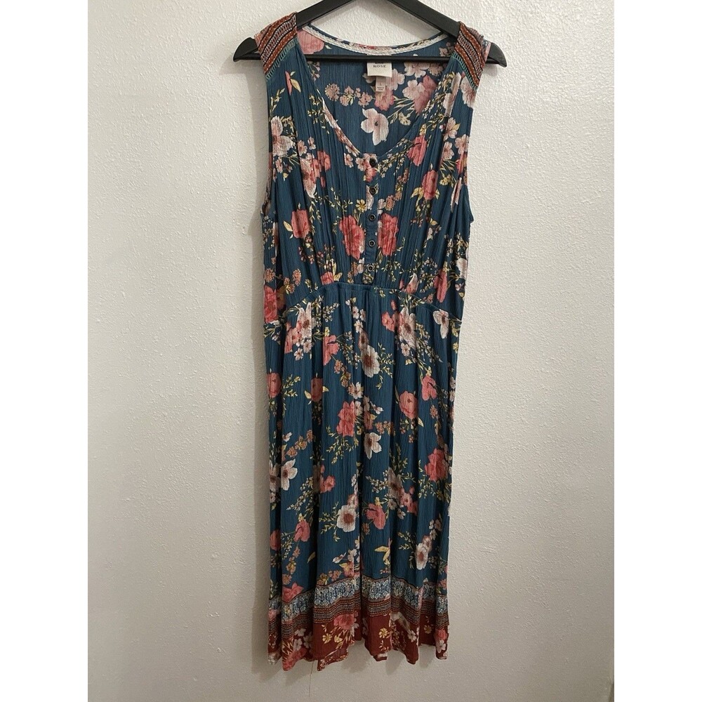 Knox Rose Turquoise Crinkle Floral Tank Dress L L27